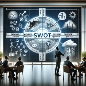 ניתוח SWOT תרשים מחולק לארבעה רביעים: חוזקות, חולשות, הזדמנויות ואיומים, עם אייקונים רלוונטיים בכל רביע. ברקע, אנשי מקצוע דנים בתרשים בסביבה משרדית מקצועית ונקייה.