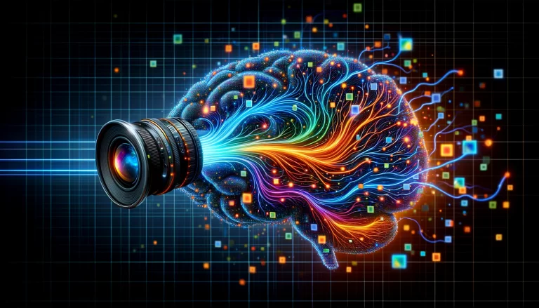 מוח דיגיטלי המורכב מרשתות עצביות צבעוניות, מחובר למצלמה מתקדמת עם פיקסלים זורמים למוח. הרקע כהה כדי להדגיש את האלמנטים המרכזיים, והכיתוב "AI בזיהוי ושיפור תמונות" מופיע בפונט מודגש בצבעים בהירים וניגודיים כמו כחול וכתום על רקע שחור.